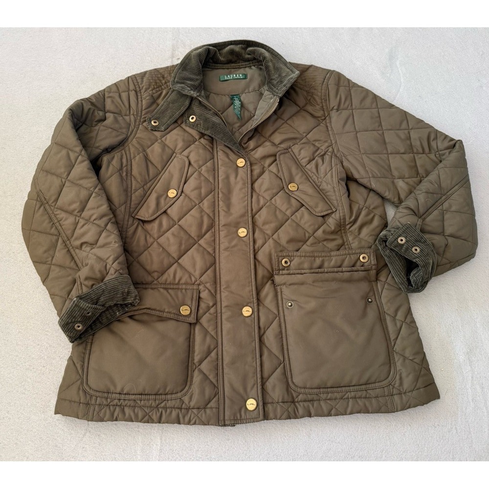 LRL Ralph Lauren Equestrian Quilted Corduroy Collar Paddock Jacket Olive/Brown L